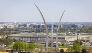 epa10567791 The Pentagon behind the United States Air Force Memorial in Arlington, Virginia, USA, 10 April 2023. Classified military documents that were leaked online 'pose a very serious risk to national security' according to Pentagon officials. They include documents detailing the US assessment of the war in Ukraine. EPA/JIM LO SCALZO