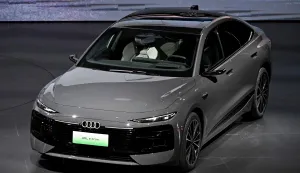 German carmaker AUDI's new AUDI A6L e-tron electric car model is presented at an event ahead of the Beijing Auto Show in Beijing on April 21, 2026. (Photo by Pedro PARDO/AFP)