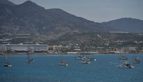 Vessels from the Global Sumud Flotilla, intercepted by the Israeli Navy in international waters, are moored off the coast of the ctown of Ierapetra, on the island of Crete, on May 1, 2026. (Photo by Eleftherios Elis MITZA/AFP)