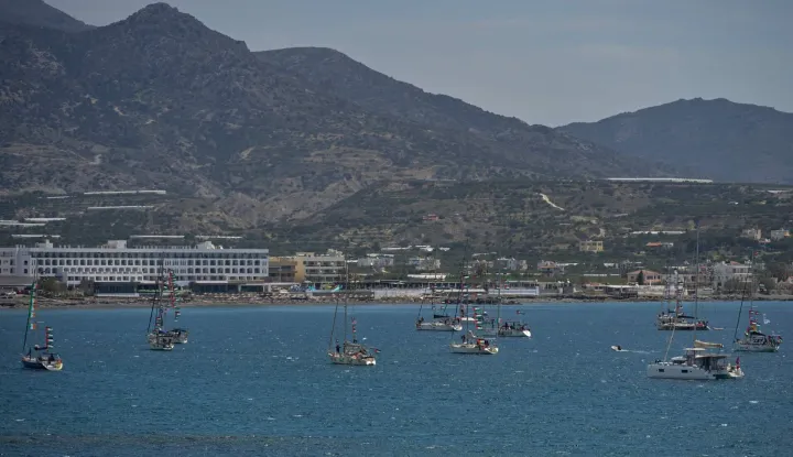 Vessels from the Global Sumud Flotilla, intercepted by the Israeli Navy in international waters, are moored off the coast of the ctown of Ierapetra, on the island of Crete, on May 1, 2026. (Photo by Eleftherios Elis MITZA/AFP)