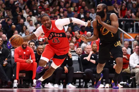 TORONTO, CANADA - MAY 01: Jamal Shead #23 of the Toronto Raptors is defended by James Harden #1 of the Cleveland Cavaliers during the fourth quarter in Game Six of the First Round of the NBA Eastern Conference Playoffs at Scotiabank Arena on May 01, 2026 in Toronto, Ontario, Canada. NOTE TO USER: User expressly acknowledges and agrees that, by downloading and or using this photograph, User is consenting to the terms and conditions of the Getty Images License Agreement. Cole Burston/Getty Images/AFP (Photo by Cole Burston/GETTY IMAGES NORTH AMERICA/Getty Images via AFP)