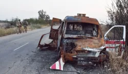 Ukrainian servicemen of 65th Separate Mechanized brigade walk past the destroyed ambulance car at the frontline near Robotyne. Relentless pressure from Ukraine on getting its allies to allow it to hit targets inside Russia with donated weapons may be starting to work, President Volodymyr Zelenskyy said it on July 15, 2024. If that permission won't be allowed, then Ukraine will use its own weapons to hit Russia. Many of its allies led by the U.S. are putting limits on the targets they can hit inside Russia. Something that Kyiv says makes it impossible to hit the air bases and critical Russian infrastructure that Moscow uses to bomb Ukrainian cities. (Photo by Andriy Andriyenko/SOPA Images/Sipa USA) Photo: SOPA Images/SIPA USA