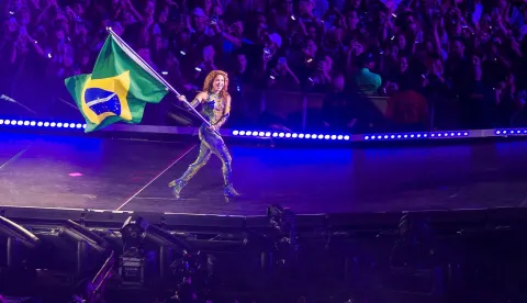 Colombian singer Shakira performs during a free concert at Copacabana beach in Rio de Janeiro, Brazil on May 2, 2026. (Photo by Daniel RAMALHO/AFP)