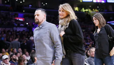 Cameron Diaz And Benji Madden At The Los Angeles Lakers Game - LABenji Madden and Cameron Diaz are seen court side during the NBA game between the Los Angeles Lakers and the Washington Wizards at the the Staples Center, in Los Angeles, CA, on January 27, 2015. Photo by ABACAPRESS.COMABACA/PIXSELL