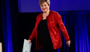 IMF Managing Director Kristalina Georgieva arrives during a press briefing during the 2026 IMF and World Bank Group Spring Meetings in Washington, DC, on April 15, 2026. (Photo by Kent NISHIMURA/AFP)