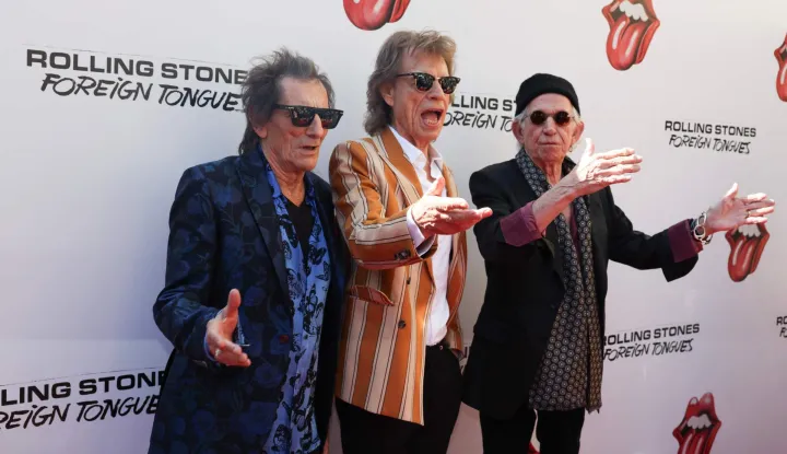 British musicians and members of The Rolling Stones, Ronnie Wood, Mick Jagger and Keith Richards arrive for "The Rolling Stones: In Conversation with Conan O'Brien" at Weylin in Brooklyn, New York on May 5, 2026. (Photo by TIMOTHY A. CLARY/AFP)