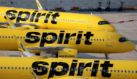 FORT LAUDERDALE, FLORIDA - MAY 02: Spirit Airlines planes are parked on the tarmac at the Fort Lauderdale-Hollywood International Airport on May 02, 2026 in Fort Lauderdale, Florida. Spirit Aviation Holdings Inc. has begun a wind-down of Spirit Airlines operations after failing to secure funding from the Trump administration, and the airline has canceled flights. Joe Raedle/Getty Images/AFP (Photo by JOE RAEDLE/GETTY IMAGES NORTH AMERICA/Getty Images via AFP)
