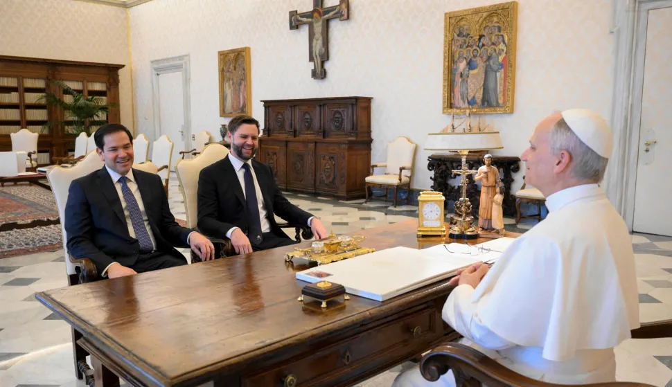 (FILES) This photo taken and handout on May 19, 2025 by The Vatican Media shows US Secretary of State Marco Rubio (L) and US Vice President JD Vance during a private audience with Pope Leo XIV in The Vatican. On May 8, 2025, Robert Francis Prevost became the first North American pope under the name Leo XIV. In one year, he distinguished himself by a prudent and measured style, a strong social sensitivity and a firm desire to unify the Church. (Photo by Handout/VATICAN MEDIA/AFP)/RESTRICTED TO EDITORIAL USE - MANDATORY CREDIT "AFP PHOTO/VATICAN MEDIA" - NO MARKETING - NO ADVERTISING CAMPAIGNS - DISTRIBUTED AS A SERVICE TO CLIENTS