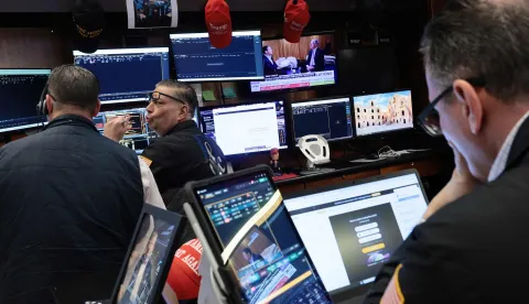 NEW YORK, NEW YORK - MAY 04: Traders work on the floor of the New York Stock Exchange during morning trading on May 04, 2026 in New York City. Stocks dropped at the opening as tensions remain over further escalation in Iran, after U.S. President Donald Trump said the U.S. will start escorting ships to exit the Strait of Hormuz in a plan dubbed ?Project Freedom?. Michael M. Santiago/Getty Images/AFP (Photo by Michael M. Santiago/GETTY IMAGES NORTH AMERICA/Getty Images via AFP)