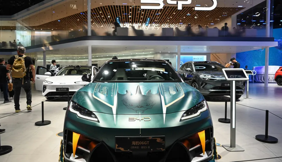 BYD's Seal 06 GT model car is displayed at the Beijing Auto Show in Beijing on April 24, 2026. (Photo by JADE GAO/AFP)