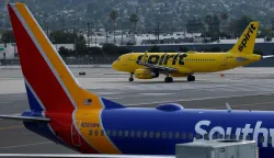BURBANK, CALIFORNIA - APRIL 16: A Spirit Airlines plane taxis at Hollywood Burbank Airport on April 16, 2026 in Burbank, California. Facing mounting financial pressure, Spirit Airlines is at risk of liquidation within days as surging jet fuel costs tied to the Iran conflict strain its already fragile bankruptcy restructuring efforts. Justin Sullivan/Getty Images/AFP (Photo by JUSTIN SULLIVAN/GETTY IMAGES NORTH AMERICA/Getty Images via AFP)