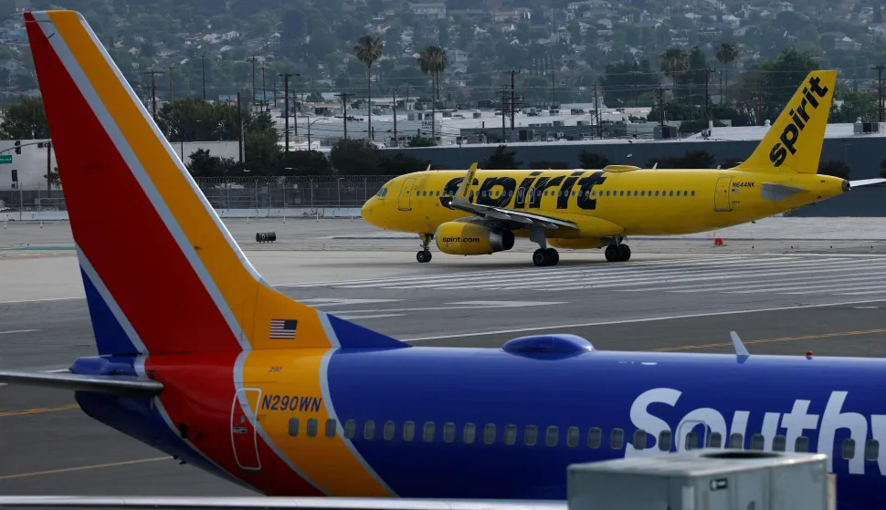 BURBANK, CALIFORNIA - APRIL 16: A Spirit Airlines plane taxis at Hollywood Burbank Airport on April 16, 2026 in Burbank, California. Facing mounting financial pressure, Spirit Airlines is at risk of liquidation within days as surging jet fuel costs tied to the Iran conflict strain its already fragile bankruptcy restructuring efforts. Justin Sullivan/Getty Images/AFP (Photo by JUSTIN SULLIVAN/GETTY IMAGES NORTH AMERICA/Getty Images via AFP)