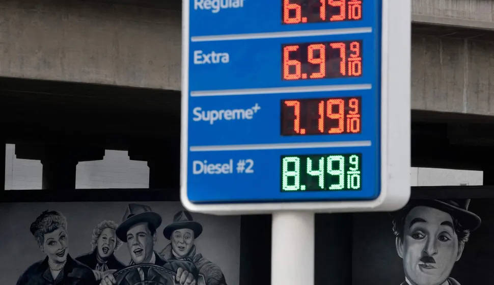 LOS ANGELES, CALIFORNIA - MAY 04: Gas prices over $6 a gallon are displayed at a Mobil station on May 04, 2026 in Los Angeles, California. Gas prices have surged to a national average of $4.45 a gallon, a 4-year high, as tensions in the Middle East continue. Gasoline in California is over $6 a gallon. Justin Sullivan/Getty Images/AFP (Photo by JUSTIN SULLIVAN/GETTY IMAGES NORTH AMERICA/Getty Images via AFP)