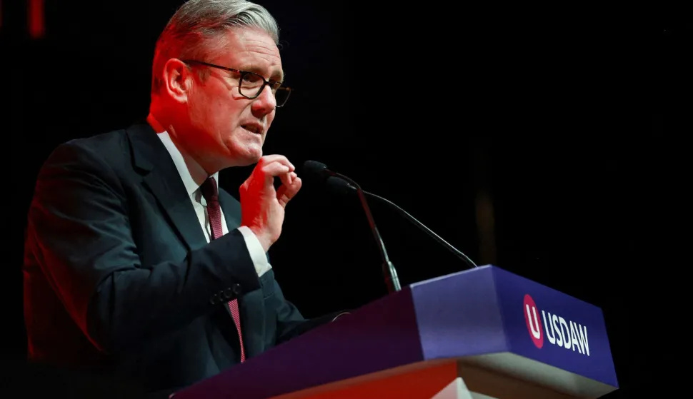 Britain's Prime Minister Keir Starmer delivers a speech on shoplifting during the Union of Shop, Distributive and Allied Workers (Usdaw) conference at the Winter Gardens in Blackpool, north west England, on April 27, 2026. (Photo by Temilade Adelaja/POOL/AFP)