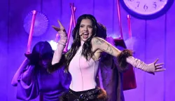 Darina Nikolaeva Yotova, aka Dara and representing Bulgaria with the song 'Bangaranga', performs during the dress rehearsal for the grand final of the Eurovision Song Contest 2026 (ESC) at Wiener Stadthalle in Vienna, Austria on May 16, 2026. (Photo by HELMUT FOHRINGER/APA/AFP)/Austria OUT