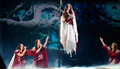Croatian singers of band Lelek and representing Croatia with the song 'Andromeda' perform during the first semi-final of the Eurovision Song Contest 2026 (ESC) at Wiener Stadthalle in Vienna, Austria on May 12, 2026. (Photo by Tobias SCHWARZ/AFP)