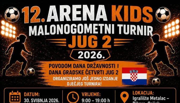 Povodom Dana državnosti i Dana gradske četvrti Jug 2 organiziramo jo&scaron; jedno izdanje dječjeg malonogometnog turnira koje će okupiti velik broj mladih nogometa&scaron;a, sportskih prijatelja i ljubitelja nogometa!ARENA KIDS NA BIKARI
