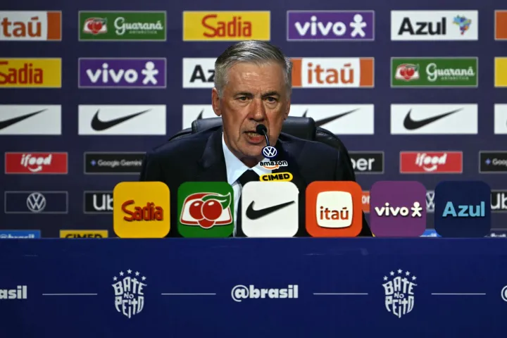 Brazil's football team head coach Carlo Ancelotti speaks during an event to announce Brazil's squad for the 2026 FIFA World Cup at the Museum of Tomorrow, in downtown Rio de Janeiro, Brazil, on May 18, 2026. (Photo by Mauro PIMENTEL/AFP)