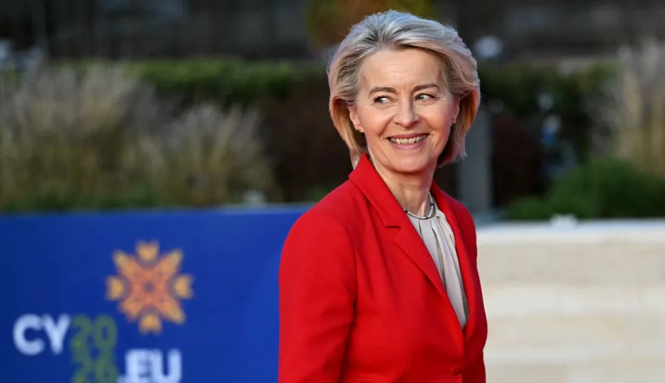 European Commission President Ursula von der Leyen walks upon her arrival ahead of an informal meeting of the European Council, in Ayia Napa on April 23, 2026. (Photo by NICOLAS TUCAT/AFP)