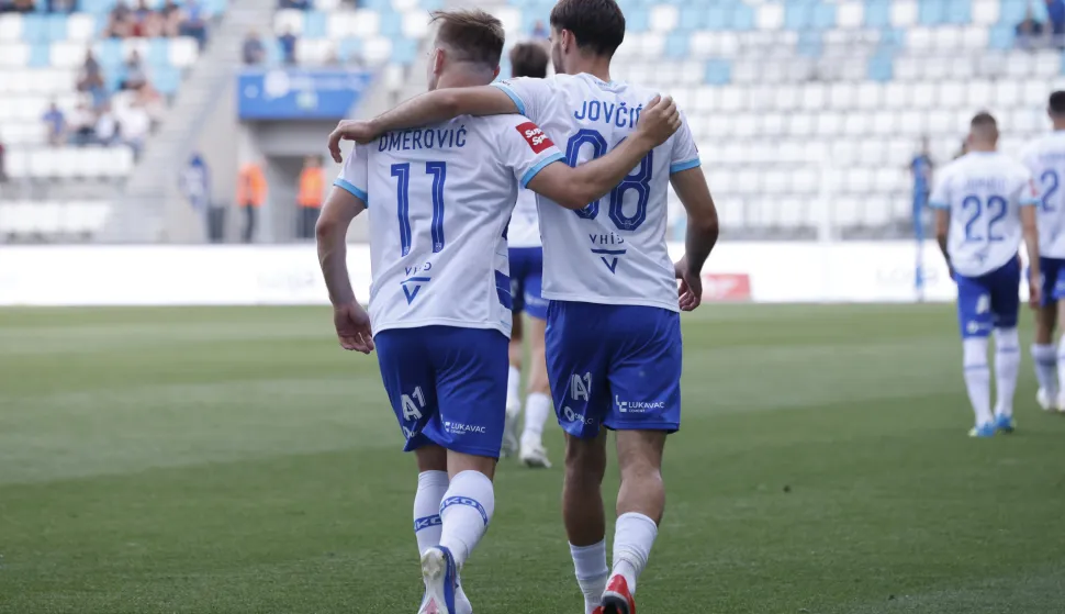22.05.2026., stadion Opus Arena, Osijek - SuperSport HNL, 36. kolo, NK Osijek - NK Slaven Belupo. Slavlje nogometasa Osijeka nakon pogotka Milosa Jovicica za vodstvo 2:0. Nail Omerovic i Milos Jovicic Photo: Davor Javorovic/PIXSELL