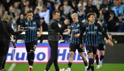 Club Brugge's Croatian head coach Ivan Leko reacts during the Belgian "Pro League" Champions' play-off (day 7 out of 10) football match between Club Brugge KV and Sint-Truidense Voetbalvereniging (STVV) at the Jan Breydel Stadium in Bruges on May 9, 2026. (Photo by JOHN THYS/BELGA/AFP)