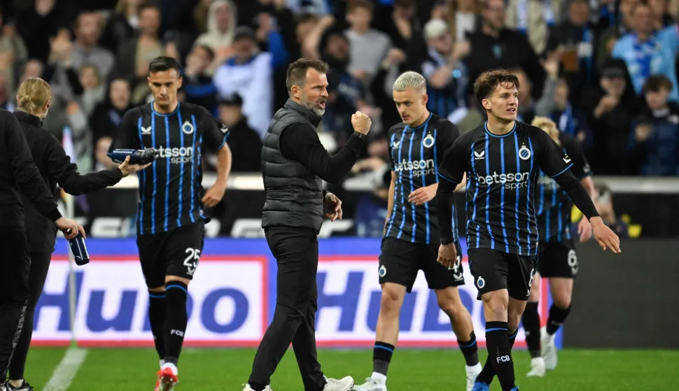Club Brugge's Croatian head coach Ivan Leko reacts during the Belgian "Pro League" Champions' play-off (day 7 out of 10) football match between Club Brugge KV and Sint-Truidense Voetbalvereniging (STVV) at the Jan Breydel Stadium in Bruges on May 9, 2026. (Photo by JOHN THYS/BELGA/AFP)
