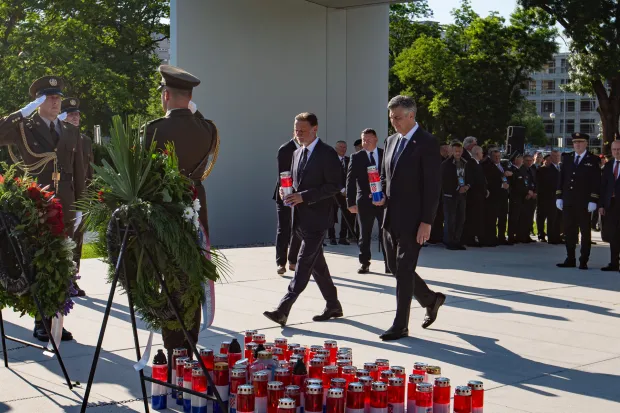 Zagreb, 23.05.2026. Svečano obilježavanje 35. obljetnice povijesnog postrojavanja pripadnika Zbora narodne garde i ustrojavanja postrojbi Hrvatske vojske i policije, kojem će nazočiti i premijer Andrej Plenković.Na fotografiji Andrej Plenković, Gordan Jandroković.foto HINA/ Luka &Scaron;ANGULIN/ l&scaron;