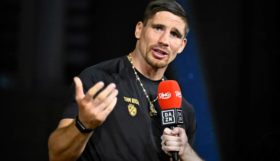Netherlands' Rico Verhoeven speaks during the ceremonial weigh-in ceremony at the Grand Egyptian Museum in Giza on May 22, 2026, on the eve of his WBC World Heavyweight Championship 'Glory in Giza' boxing match against Ukraine's Oleksandr Usyk in Egypt. (Photo by Khaled DESOUKI/AFP)