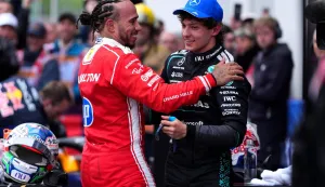 MONTREAL, QUEBEC - MAY 24: Race winner Andrea Kimi Antonelli of Italy and Mercedes AMG Petronas F1 Team and Second placed Lewis Hamilton of Great Britain and Scuderia Ferrari talk in parc ferme during the F1 Grand Prix of Canada at Circuit Gilles-Villeneuve on May 24, 2026 in Montreal, Quebec. Sona Maleterova/Getty Images/AFP (Photo by Sona Maleterova/GETTY IMAGES NORTH AMERICA/Getty Images via AFP)