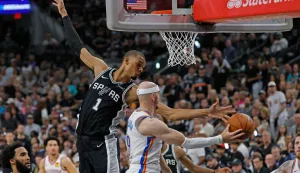 SAN ANTONIO, TX -MAY 28: Alex Caruso #9 of the Oklahoma City Thunder looks for a pass against Victor Wembanyama #1 of the San Antonio Spurs in the third quarter of Game Six of the NBA Western Conference Finals at Frost Bank Center on May 28, 2026 in San Antonio, Texas. NOTE TO USER: User expressly acknowledges and agrees that, by downloading and or using this photograph, User is consenting to terms and conditions of the Getty Images License Agreement. Ronald Cortes/Getty Images/AFP (Photo by Ronald Cortes/GETTY IMAGES NORTH AMERICA/Getty Images via AFP)
