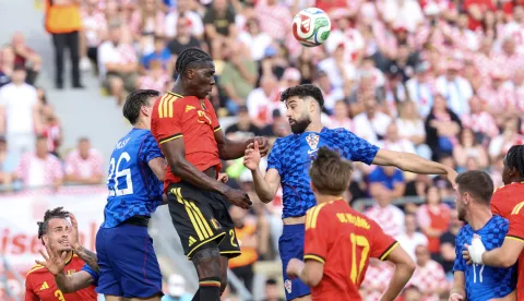 Rijeka, 02.06.2026 - Prijateljska nogometna utakmica Hrvatska - Belgija na stadionu Rujevica u Rijeci. Na slici Jo&scaron;ko Gvardiol, Amadou Onana.foto HINA/ Damir SENČAR/ ds