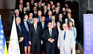 Bosnia's outgoing High Representative, Christian Schmidt (C-R), ambassadors and diplomats and members of the Diplomatic corps in Bosnia and Herzegovina pose for a family photo prior to a session of the Steering Board of the Peace Implementation Council in Sarajevo, on June 3, 2026. A board tasked with appointing Bosnia's new top international envoy met in Sarajevo amid European and US disagreements over the scope and powers of the position. Outgoing High Representative Christian Schmidt resigned in May in what he described as a surprise departure citing "huge and unexpected" pressure from Washington. (Photo by ELVIS BARUKCIC/AFP)