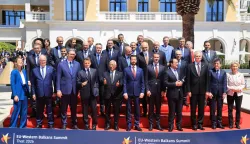 Heads of state pose for the family picture after the plenary session of the EU-Western Balkans Summit at Porto Montenegro in Tivat on June 5, 2026. The summit brings together leaders from EU member states and the six Western Balkans partners to discuss enlargement and gradual integration into the EU single market. (Photo by Ludovic MARIN/AFP)
