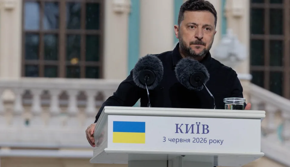Ukraine's President Volodymyr Zelensky addresses media representatives alongside the NATO Secretary General as they attend a press conference in Kyiv on June 3, 2026, amid the Russian invasion of Ukraine. (Photo by Tetiana DZHAFAROVA/AFP)