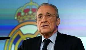 Real Madrid President Florentino Perez talks to media at Real Madrid Sports City in Valdebebas, in the outskirts of Madrid, on May 12, 2026. (Photo by JAVIER SORIANO/AFP)