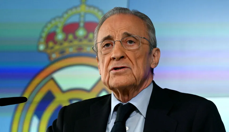 Real Madrid President Florentino Perez talks to media at Real Madrid Sports City in Valdebebas, in the outskirts of Madrid, on May 12, 2026. (Photo by JAVIER SORIANO/AFP)