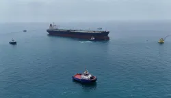 FILE PHOTO: Drone view of oil tanker HELGA berthed at one of Iraq's southern offshore oil terminals near Basra as it prepares to load crude oil, becoming the second vessel to arrive since the closure of the Strait of Hormuz, April 24, 2026. REUTERS/Mohammed Aty/File Photo Photo: MOHAMMED ATY/REUTERS