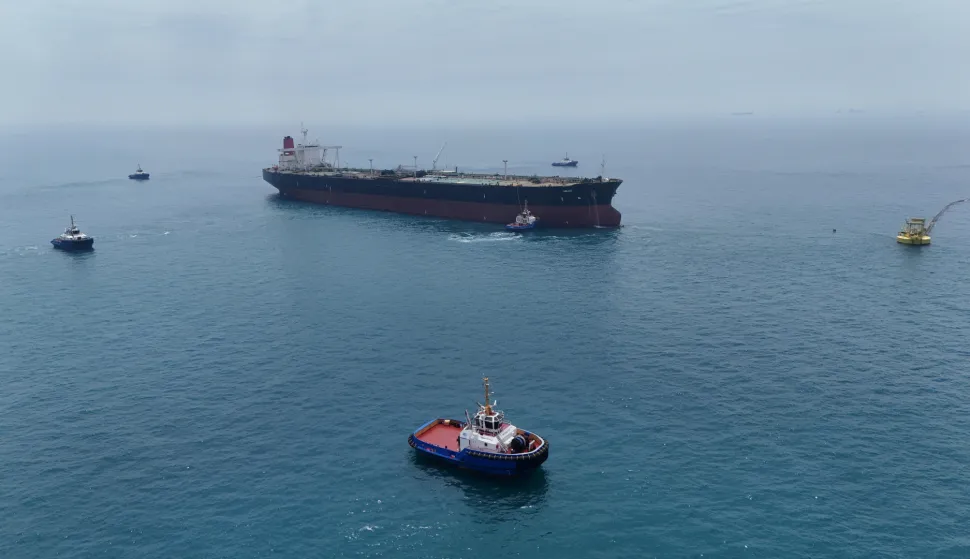 FILE PHOTO: Drone view of oil tanker HELGA berthed at one of Iraq's southern offshore oil terminals near Basra as it prepares to load crude oil, becoming the second vessel to arrive since the closure of the Strait of Hormuz, April 24, 2026. REUTERS/Mohammed Aty/File Photo Photo: MOHAMMED ATY/REUTERS