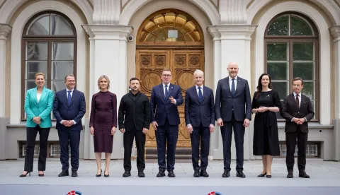 (LtoR) Denmark's Prime Minister Mette Frederiksen, Finland's Prime Minister Petteri Orpo, Iceland's Prime Minister Kristrun Frostadottir, Ukrainian President Volodymyr Zelensky, Norway's Prime Minister Jonas Gahr Store, Latvia's Prime Minister Andris Kulbergs, Lithuania's Prime Minister Inga Ruginiene and Sweden's Prime Minister Ulf Kristersson pose for a family photo during the Nordic and Baltic Prime Ministers? (NB8) Summit 2026 on June 9, 2026 at the Statehood House in Tallinn, Estonia. (Photo by RAIGO PAJULA/AFP)