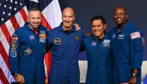 (L/R) NASA astronaut commander Randy Bresnik, ESA (European Space Agency) astronaut pilot Luca Parmitano, NASA astronaut mission specialist Frank Rubio, and NASA astronaut mission specialist Andre Douglas speak during a press conference announcing the crew for the Artemis III mission at NASA's Johnson Space Center in Houston, Texas, on June 9, 2026. The Italian Luca Parmitano will be the pilot of NASA's Artemis 3 voyage, the first European to join one of the program's missions. Parmitano, who will represent the European Space Agency, is one of four men named as crewmembers tasked with carrying out Artemis 3, which is targeting launch in late 2027. (Photo by RONALDO SCHEMIDT/AFP)