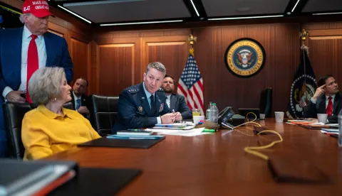 epa12190411 A handout photo made available by the White House shows and US President Donald Trump (L) Chair of the Joint Chiefs of Staff General Dan Caine (3-L) and White House Chief of Staff Susie Wiles (2-L) in the Situation Room of the White House in Washington, DC, USA, 21 June 2025. Later in the day, US President Donald Trump spoke to the nation about the US bombing of nuclear sites at three places in Iran: Fordow, Natanz and Esfahan. EPA/WHITE HOUSE/HANDOUT EDITORIAL USE ONLY/NO SALESHANDOUT EDITORIAL USE ONLY/NO SALES