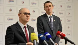 Vukovar...07.02.2025.Predsjednik Domovinskog pokreta Ivan Penava i glavni tajnik Domovinskog pokreta Josip Dabro održali konferenciju za medije u prostorijama Domovinskog pokreta u Vukovaru. Tema konferencije za medije je razrje&scaron;enje Uprave Hrvatskih &scaron;uma. Foto: Gordan Panić