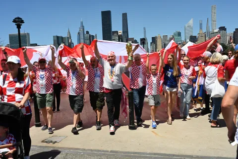 Members of the Croatian diaspora community unfurl a massive 100-meter-long checkerboard flag at Anable Basin along the Queens waterfront in Long Island City, NY, June 13, 2026.&nbsp;(Photo by Efren Landaos/Sipa USA) Photo: Efren Landaos/SIPA USA