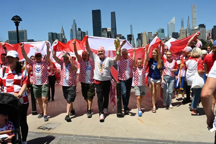 Members of the Croatian diaspora community unfurl a massive 100-meter-long checkerboard flag at Anable Basin along the Queens waterfront in Long Island City, NY, June 13, 2026.&nbsp;(Photo by Efren Landaos/Sipa USA) Photo: Efren Landaos/SIPA USA