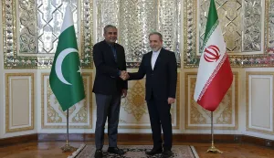 This handout photograph taken and released by the Iranian Foreign Ministry on June 7, 2026 shows Iran's Foreign Minister Abbas Araghchi (R) shaking hands with Pakistan's Interior Minister Mohsin Naqvi before their meeting in Tehran. (Photo by Iranian Foreign Ministry/AFP)/RESTRICTED TO EDITORIAL USE - MANDATORY CREDIT "AFP PHOTO/Iranian Foreign Ministry" - HANDOUT - NO MARKETING NO ADVERTISING CAMPAIGNS - DISTRIBUTED AS A SERVICE TO CLIENTS