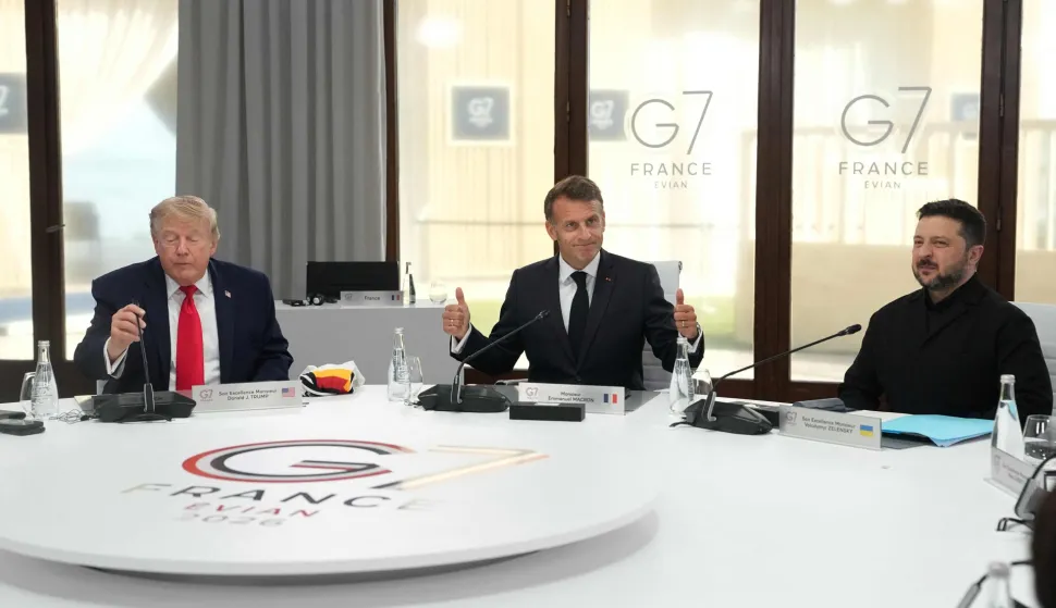 (From L) US President Donald Trump, France's President Emmanuel Macron and Ukraine's President Volodymyr Zelensky take part in a working session at the G7 summit in Evian-les-Bains, central-eastern France on June 16, 2026. (Photo by Thibault Camus/POOL/AFP)
