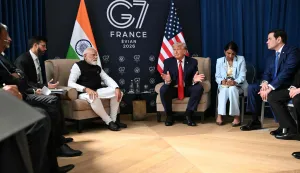 US President Donald Trump (3rd R), India's Prime Minister Narendra Modi (2nd L) and US Secretary of State Marco Rubio (R) attend a bilateral meeting as part of the G7 summit, in Evian, eastern France, on June 17, 2026. A G7 summit is set to take place June 15 to 17 in the French town of Evian-les-Bains near Switzerland and it will be attended by country leaders as well as the EU's foreign policy chief and ministers from Brazil, Canada, the United Arab Emirates and Turkey. (Photo by Mandel NGAN/AFP)