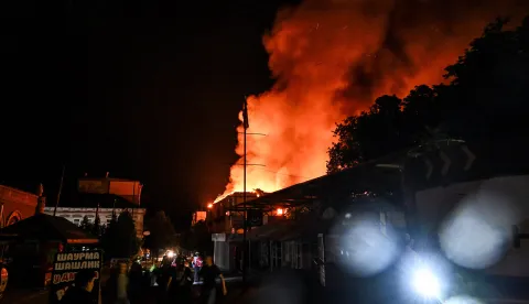 A fire, caused by a Russian drone attack, rages in a three-storey residential building, Zaporizhzhia, Ukraine, June 16, 2026. The Russian army launched drones at the southeastern Ukrainian city. As a result of the strike, a fire broke out in a three-story apartment block and a shopping centre. Russians also damaged the Zaporizhzhia National University building. One person was killed, and seven were injured. Photo by Dmytro Smolienko/Ukrinform/ABACAPRESS.COM Photo: Smoliyenko Dmytro/Ukrinform/ABACA/ABACA