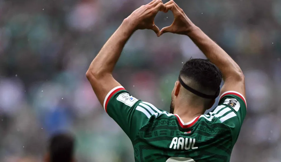 Mexico's forward #09 Raul Jimenez celebrates scoring his team's second goal during the 2026 World Cup Group A football match between Mexico and South Africa at the Mexico City Stadium in Mexico City on June 11, 2026. (Photo by CARL DE SOUZA/AFP)