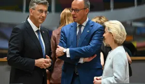 Croatia's Prime Minister Andrej Plenkovic (L) Germany's Chancellor Friedrich Merz (C) and European Commission President Ursula von der Leyen attend round table meeting during the EU Summit at the EU headquarters in Brussels, on June 18, 2026. (Photo by NICOLAS TUCAT/AFP)
